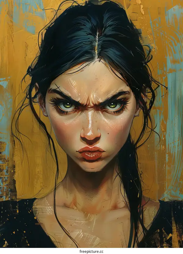 Angry Woman Portrait Illustration with Green Eyes