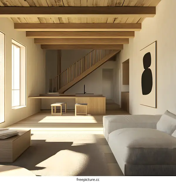 Minimalist Modern Home Interior Design with Wooden Beams and Staircase