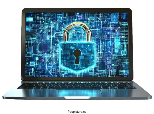 [Transparent Background PNG]Laptop Screen Showing Security Lock on Circuit Board