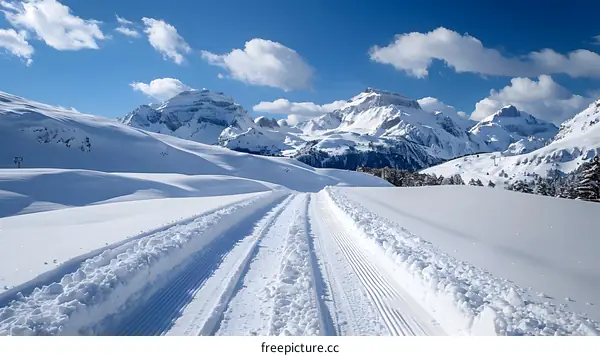 Snowy Mountain Path with Tracks for Skiing and Snowshoeing