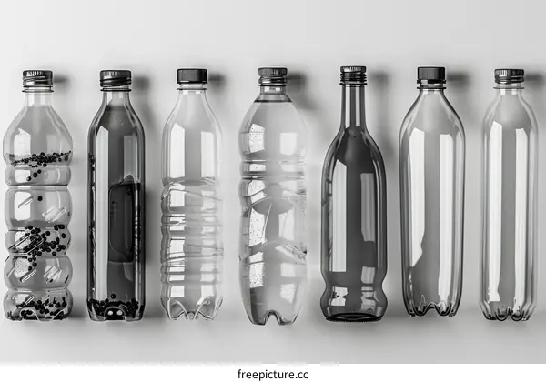 Black and white plastic bottles of different sizes