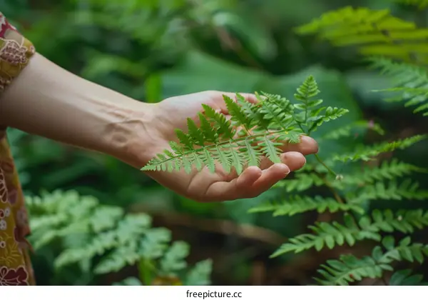 A hand holding a frond of a fern
