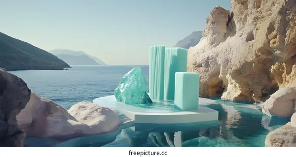 Abstract Minimalist Art Sculpture on a Rock Cliff and Sea