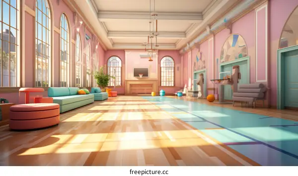 A beautiful pink and blue gym with a basketball court