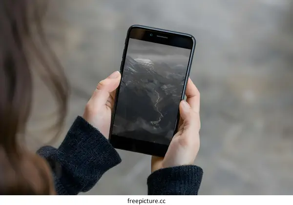 Closeup of Woman Hands Holding Smartphone with Mountain View