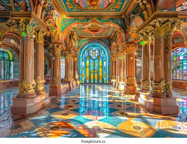 Interior of a Spanish Church with Stained Glass Windows