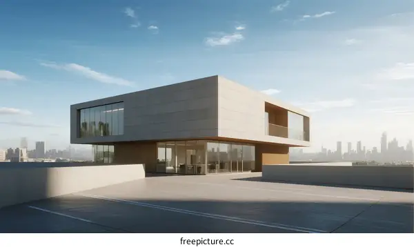 Modern Architectural Design with Large Glass Windows and Urban Skyline