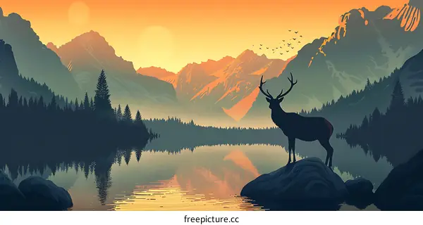 Sunset Mountain Landscape With Deer Silhouette