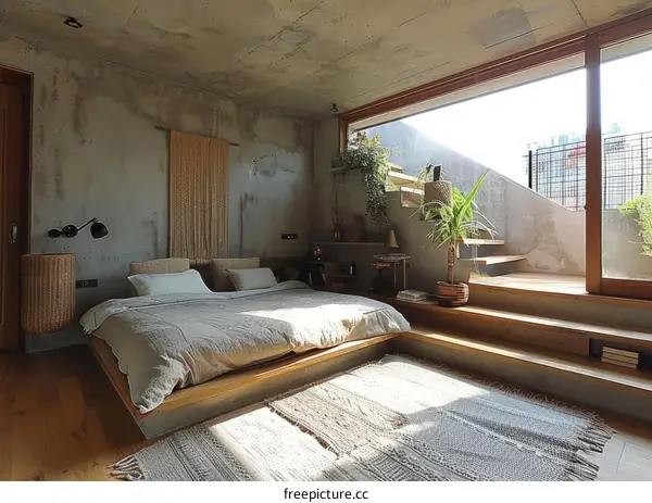 Modern bedroom interior design with concrete walls and wooden floor