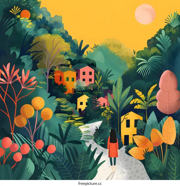 A girl walking through a lush green jungle with houses in the distance