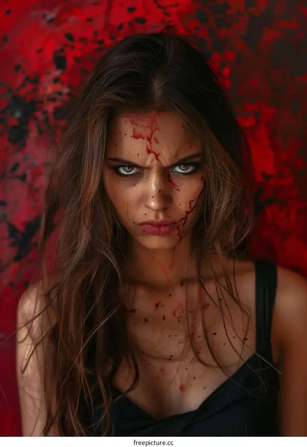 Fierce Woman with Bloodstains Close-up Portrait