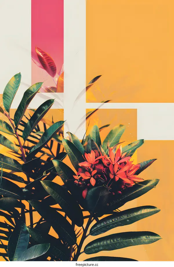 Tropical Leaves and Flowers in a Collage Style