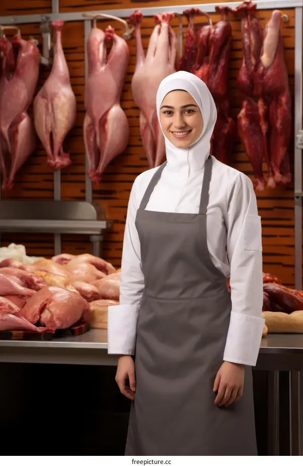 A young woman wearing a hijab works in a halal butcher shop.