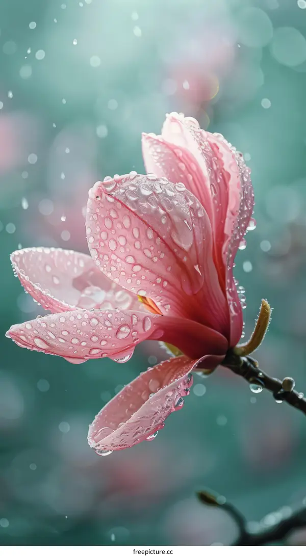 Raindrops on a pink magnolia flower