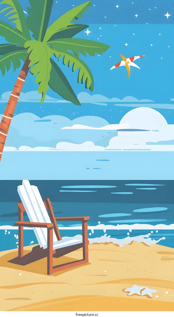 Tropical Beach with Chair Under Palm Tree