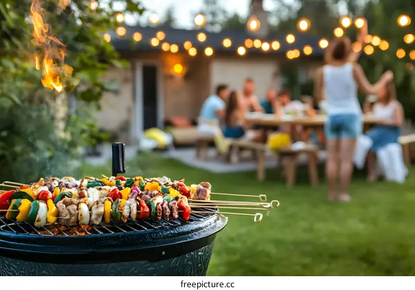 Grilled Food On A Barbecue Grill With People In The Background