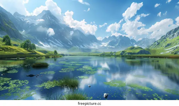 Serene Mountain Lake Landscape with Green Hills