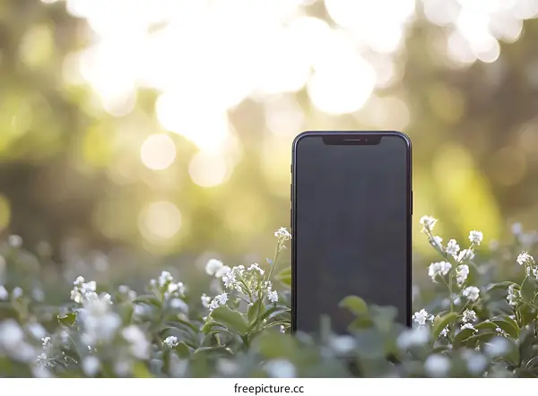 Black Smartphone Standing in a Field of White Flowers