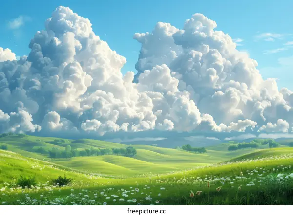 Rolling Green Hills Under a Blue Sky with White Clouds
