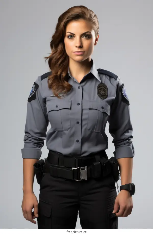 A female security guard in a gray uniform with a gun and a badge.