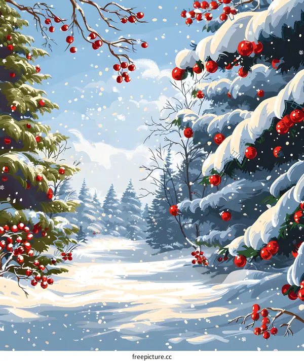 Snowy forest path with red berries