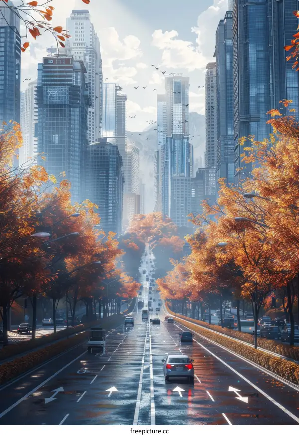 City Street with Towering Skyscrapers and Modern Buildings