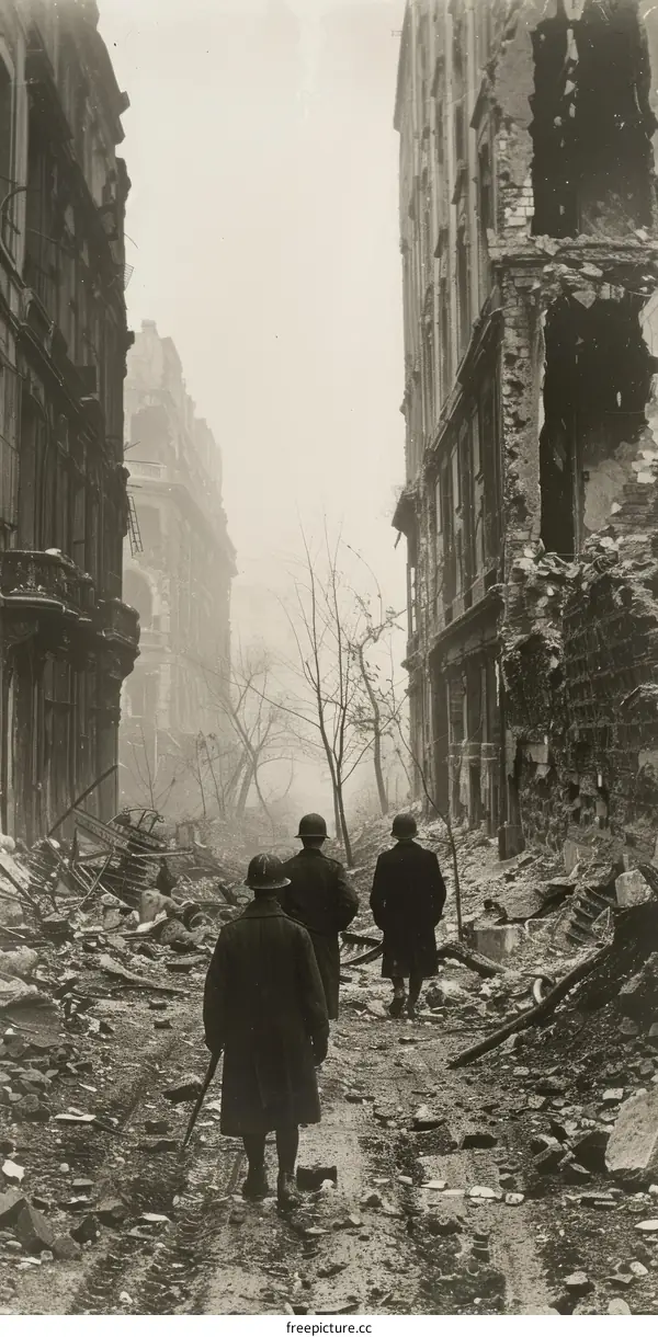 Three British Soldiers in the Ruins of a Bombed City during World War II