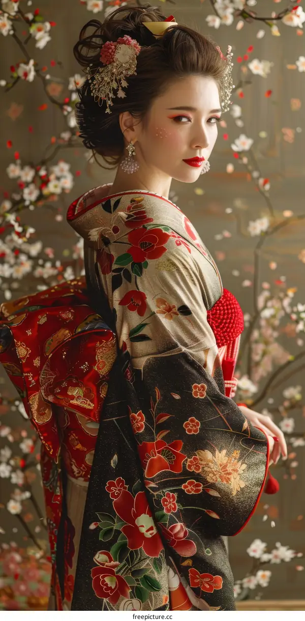 Portrait of a Japanese woman in traditional kimono