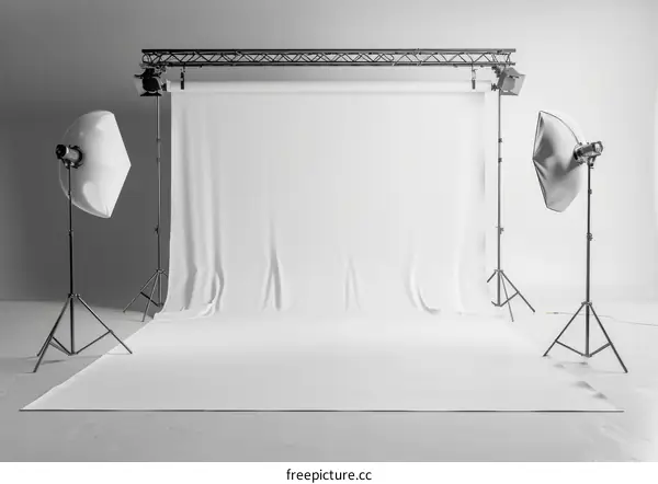 Photo studio with white backdrop and lighting equipment