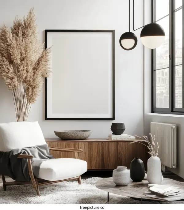 Modern Minimalist Living Room Mockup with Empty Frame