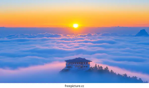 Sunrise Over Mountain Clouds with a House