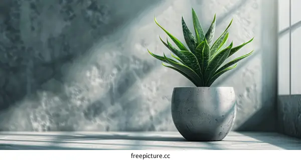 Snake Plant in Concrete Planter by Sunlit Window