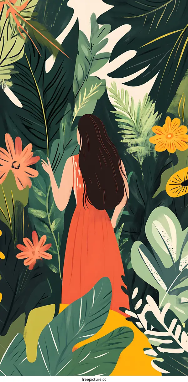 Woman in a Red Dress Walking Through Lush Green Foliage