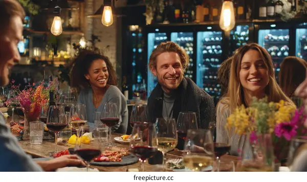 Friends Enjoying a Dinner Party in a Wine Bar
