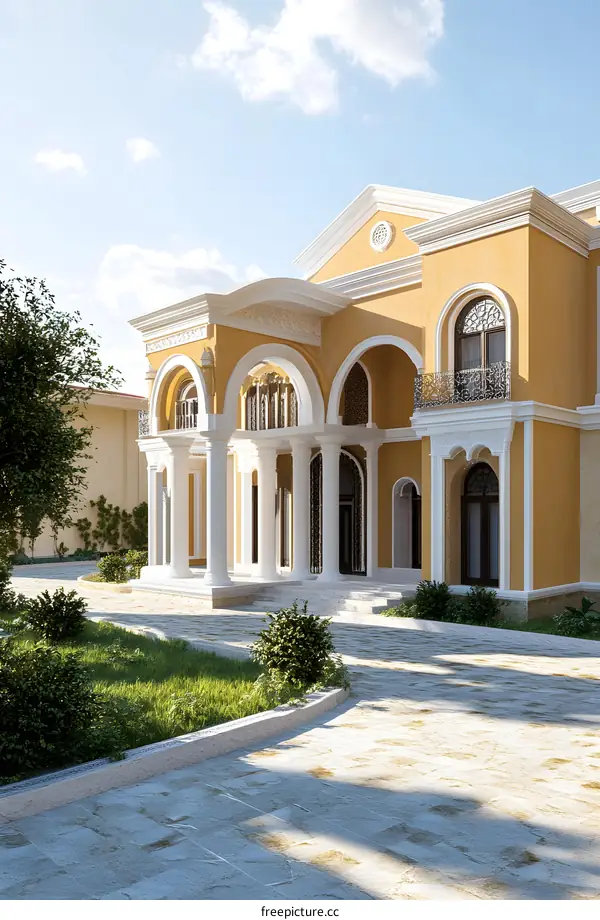 Classic Style Yellow Mansion With Columns And Archways
