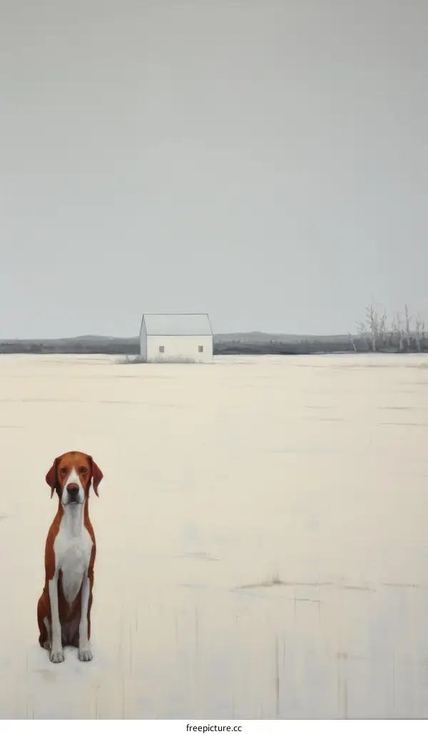 Lone Dog in a Snowy Field with a Distant Farmhouse