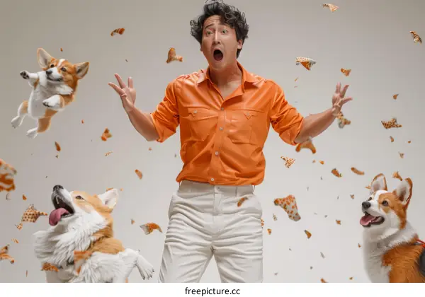 A man in an orange shirt is standing in the middle of a group of corgis.