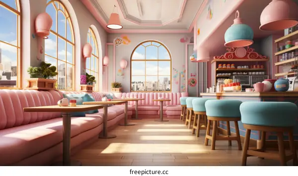 pink and blue pastel color cafe interior city view