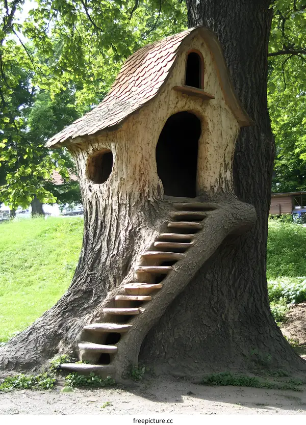 Treehouse With Wooden Stairs Built Into The Tree Trunk