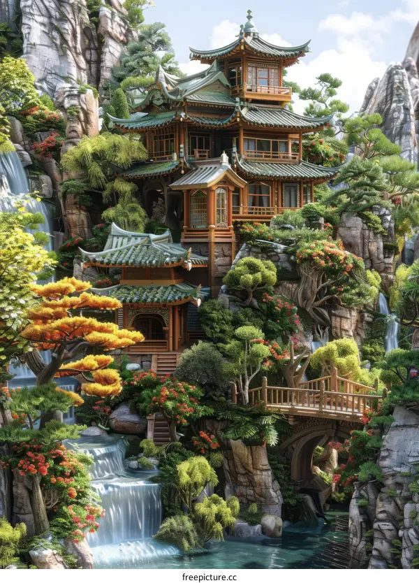 Asian style house in the middle of the forest with a waterfall