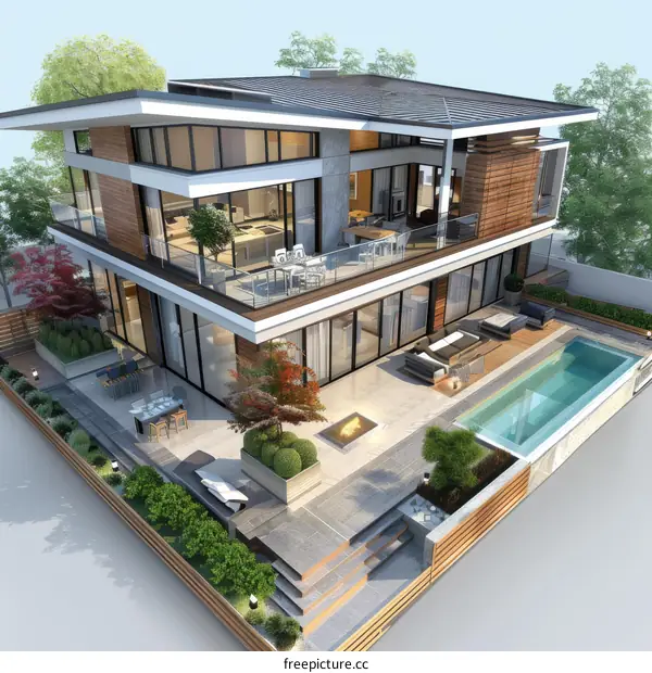 A 3D rendering of a two-story modern house with a pool