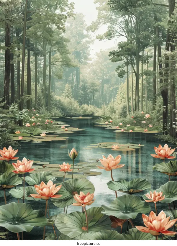 Tranquil Misty Forest Lake with Pink Water Lilies