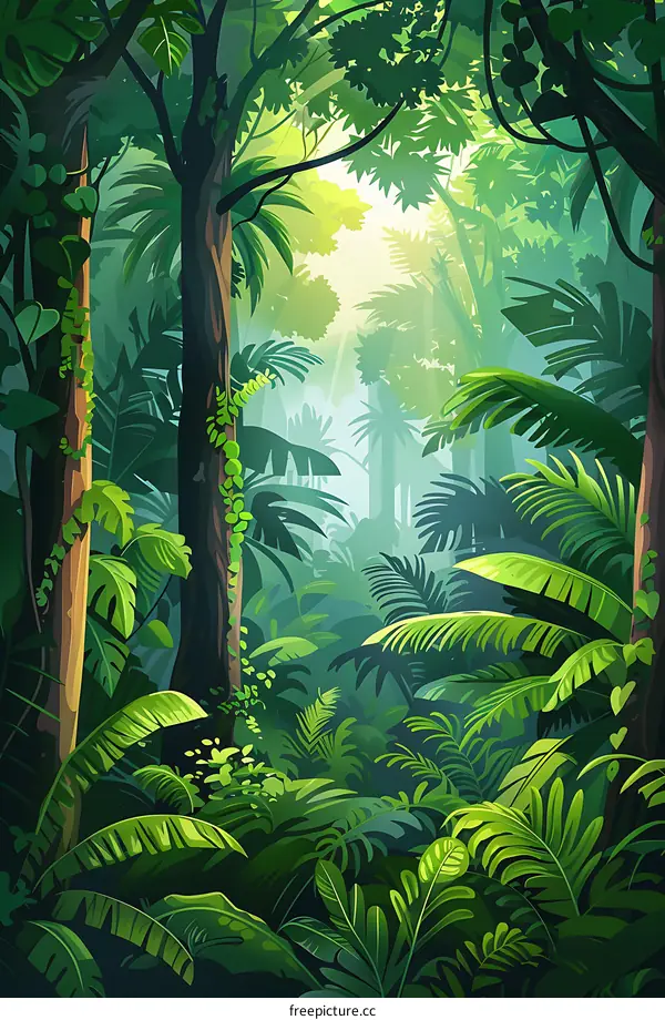 Tropical Rainforest Illustration with Lush Green Foliage and Sunlight