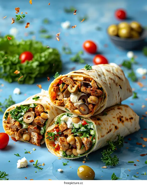 Delicious and healthy Mediterranean wrap with chicken, hummus, vegetables and olives