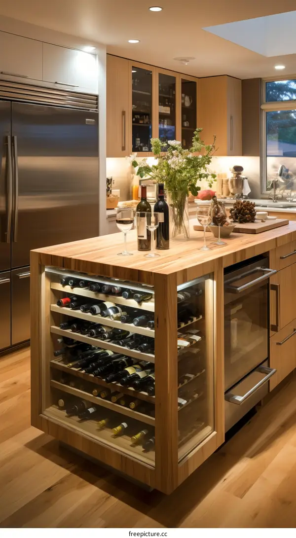 Modern kitchen island with built in wine rack