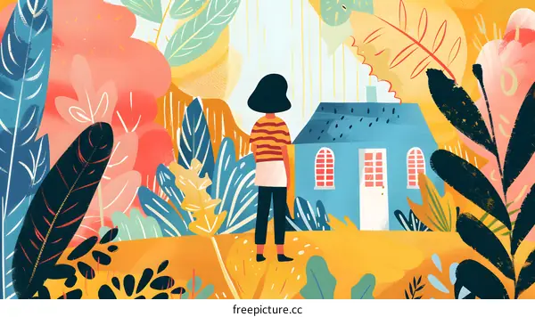 Woman Standing in Front of a House in a Colorful Garden