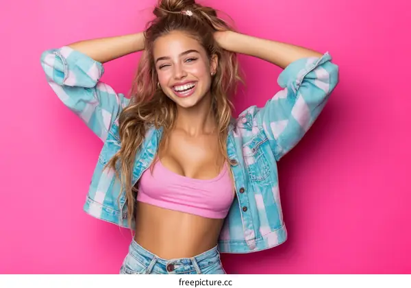 Stylish Woman in Trendy Outfit Against a Bold Background