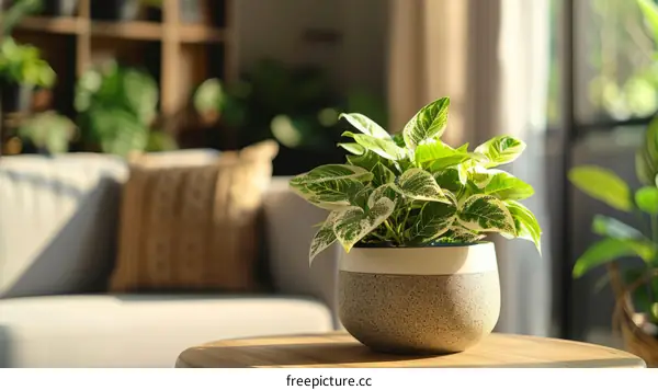 A houseplant sits on a table in front of a couch flooded with sunlight.