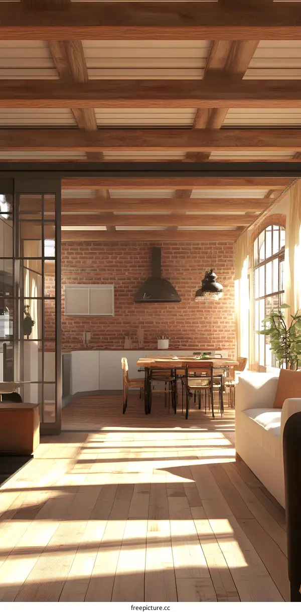 Modern Interior Design With Wooden Beams And Brick Wall