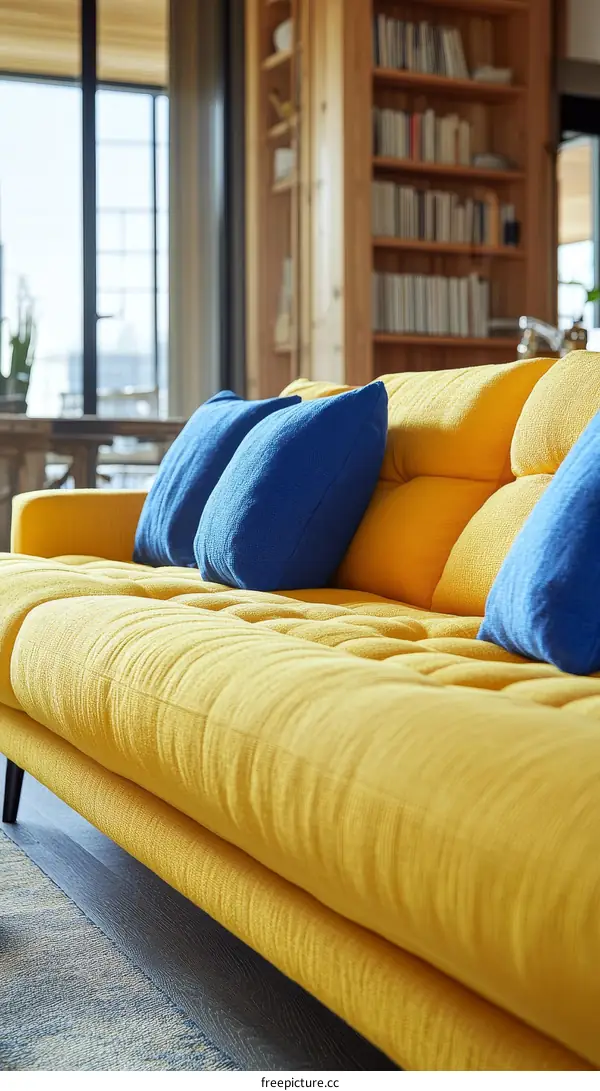 Modern Yellow Sofa with Blue Cushions in a Stylish Living Room